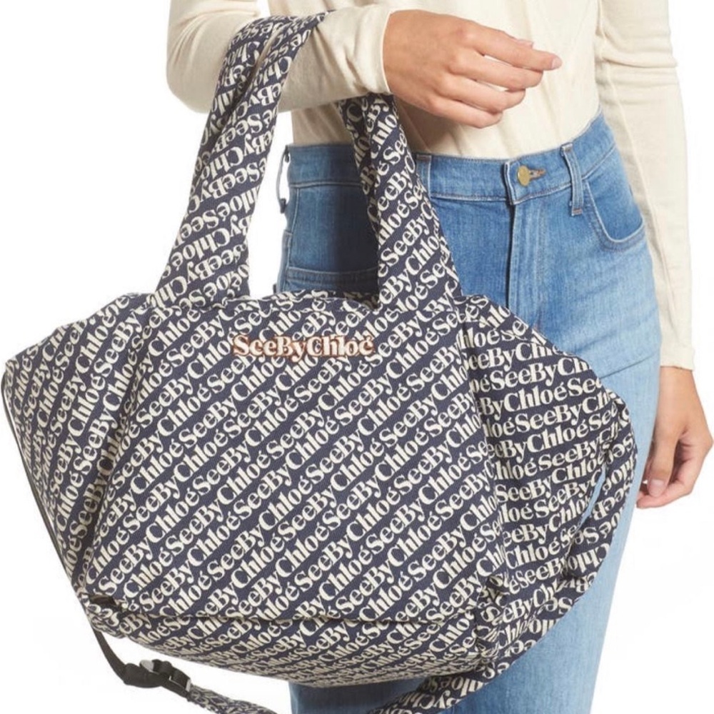 See By Chloé Logo Print Canvas Tote Bag Navy Cream Large Shoulder